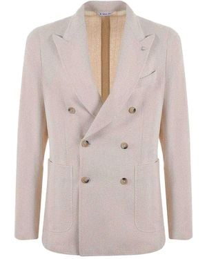 Manuel Ritz Herringbone Double-Breasted Blazer - Natural