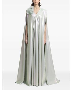 Gemy Maalouf V-Neckline Draped Flower Maxi Kaftan - White