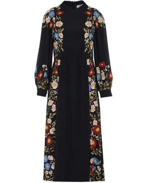 Sea Floral-Embroidered Long-Sleeve Dress - Black