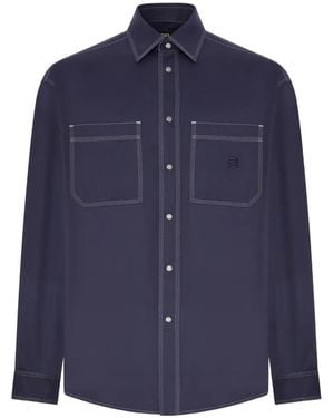 Fendi Contrast-Stitch Logo-Patch Shirt - Blue