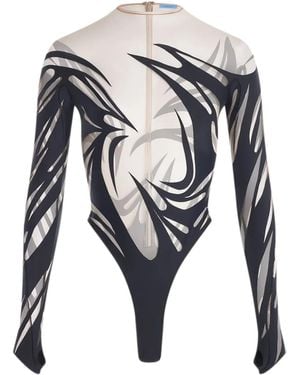 Mugler Abstract-Print Long-Sleeve Bodysuit - White