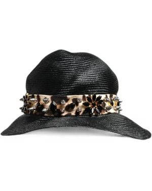 Dolce & Gabbana Crystal-Embellished Leopard-Print Sun Hat - Black