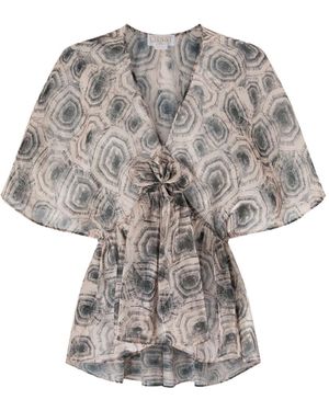Genny Abstract-Print Tie-Front Top - Grey