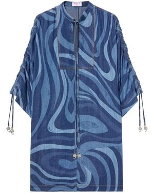 PUCCI Marmo-Print Denim Kaftan Dress - Blue
