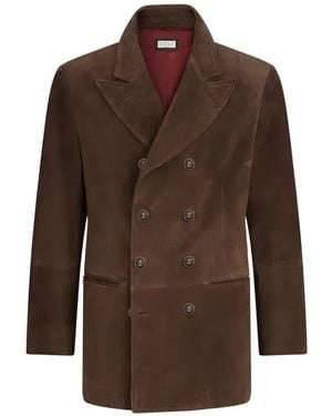 Brunello Cucinelli Veste En Daim À Revers Crantés - Brown