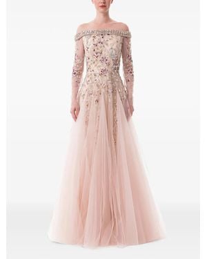 Dina Melwani Peacock-Embroidered Off-Shoulder Maxi Dress - Pink