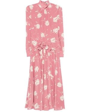 Alessandra Rich Rose-Print Belted Midi Dress - Pink