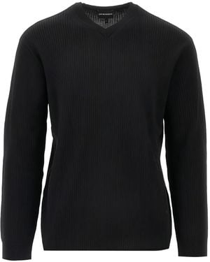 Emporio Armani Geribbelde Trui Met V-Hals - Zwart