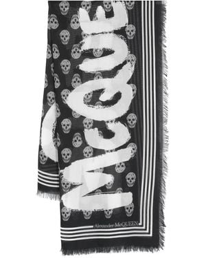 McQueen スカルプリント ロゴ スカーフ - ブラック