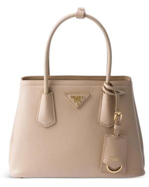 Prada Kleine Double Saffiano Leren Tas - Naturel
