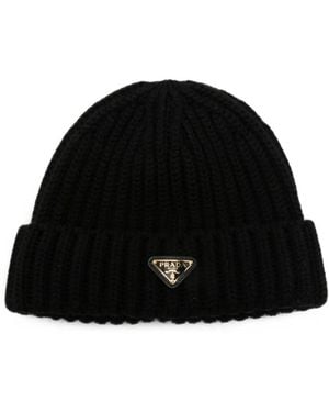 Prada Logo-Plaque Ribbed-Knit Beanie Hat - Black