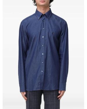 Etro Button-Down Pegasus-Embroidered Cotton Shirt - Blue