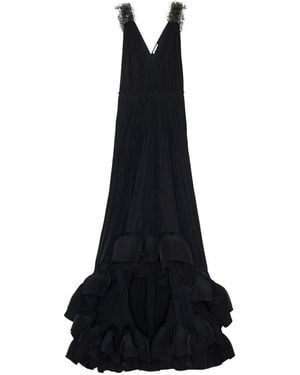 Lanvin Charmeuse Embroidered Ruffled Maxi Dress - Black