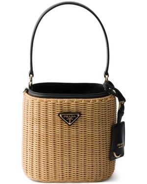 Prada Wicker And Leather Bucket Bag - White