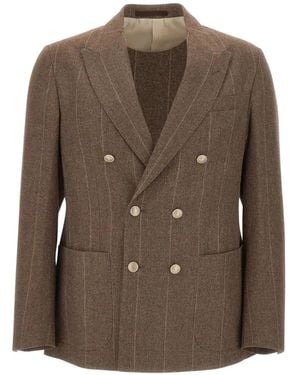 Eleventy Double-Breasted Pinstripe Blazer - Brown
