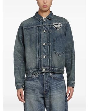 Human Made Logo-Patch Pleated Denim Jacket - Blue