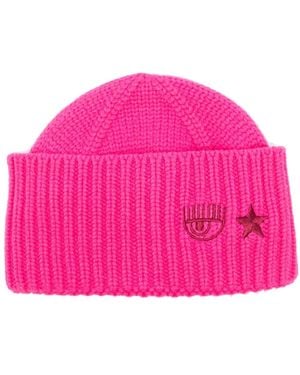 Chiara Ferragni Eye Star-Embroidered Ribbed Beanie - Pink