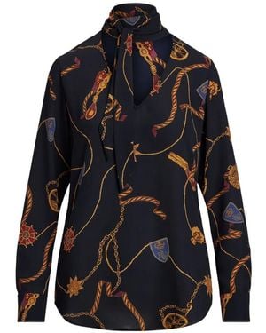 Ralph Lauren Chain-Print Tie-Neck Blouse - Black