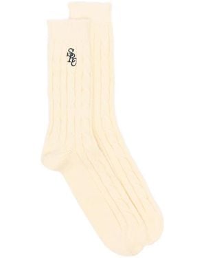 Sporty & Rich Cable-Knit Logo-Embroidered Socks - White