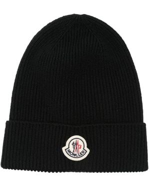 Moncler Ribbed Logo-Patch Beanie Hat - Black