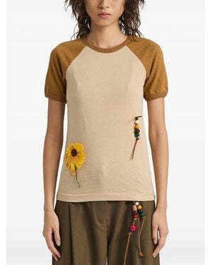 Song For The Mute Flower-Appliqué T-Shirt - Natural