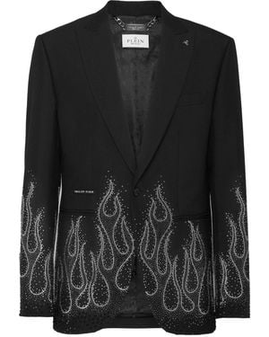 Philipp Plein Rhinestone-Flame Embellished Blazer - Black