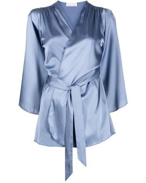 Fleur du Mal Angel Long-Sleeve Satin Robe - Blue