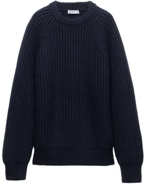 Prada Ribbed-Knit Fur-Collar Jumper - Blue