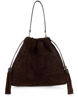 Etro Large Suede Kalispera Bag With Patch And Tassels - Black