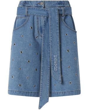 Pinko Denim Shorts With Eyelets And Belt - Blue