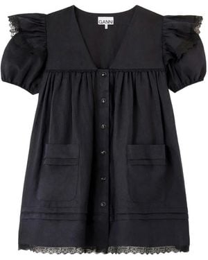 Ganni Ruffled Lace-Trim Dress - Black