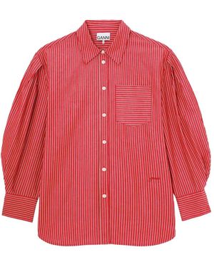 Ganni Striped Cotton Shirt With Balloon Sleeves - Red