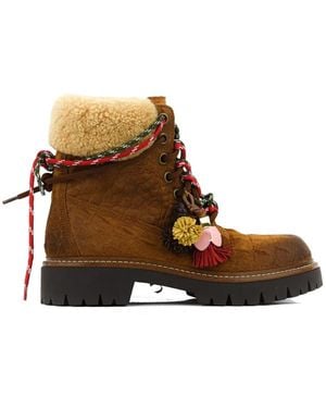 Elena Iachi Pom-Pom Lace-Up Ankle Boots - Brown