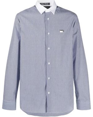 Philipp Plein Logo-Print Striped Cotton Shirt - Blue