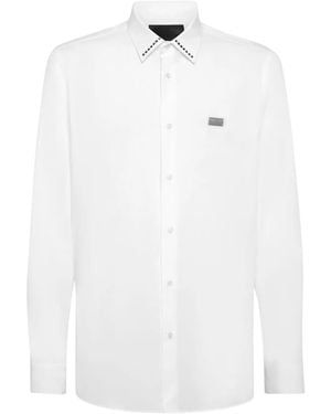 Philipp Plein Studded Logo Poplin Button-Down Shirt - White