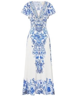 CAMILLA Ceramic Panoramic Flutter-Sleeve Midi Dress - Blue