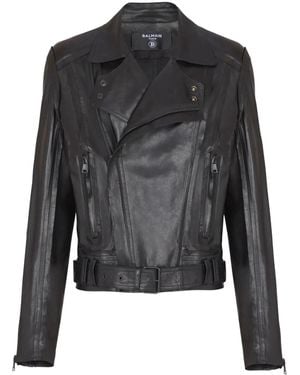 Balmain Belted Leather Biker Jacket - Black