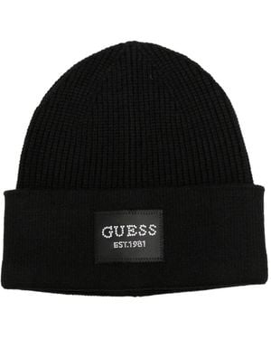 Guess Logo-Patch Ribbed-Knit Beanie Hat - Black