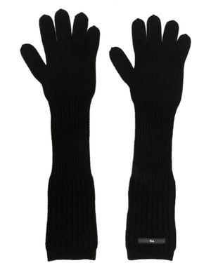 Y-3 Logo-Patch Ribbed-Knit Long Gloves - Black
