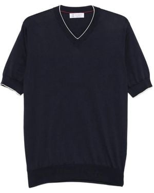 Brunello Cucinelli V-Neck Short-Sleeve Cotton T-Shirt - Blue