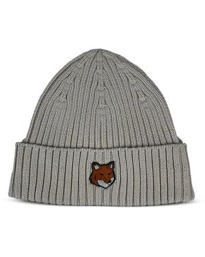 Maison Kitsuné Fox Head Ribbed-Knit Beanie Hat - Grey