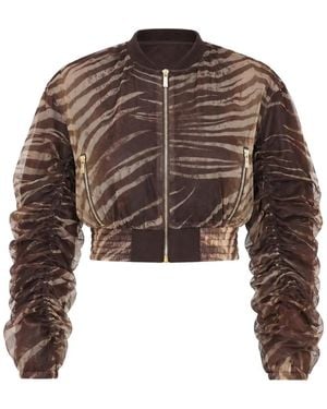 Just Cavalli Zebra-Print Ruched-Sleeve Zip-Up Jacket - Brown
