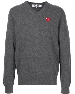 COMME DES GARÇONS PLAY V-Neck Knitted Heart Jumper - Grey