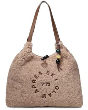 V73 Ski Glam Teddy-Effect Embroidered Shoulder Bag - Natural