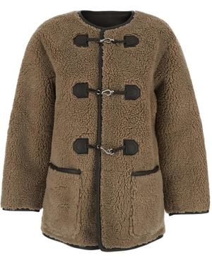 DUNST Collarless Shearling Coat - Green