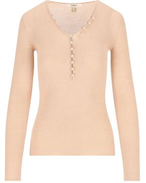 Chloé Henley Geribbeld T-Shirt Met Knopen - Naturel