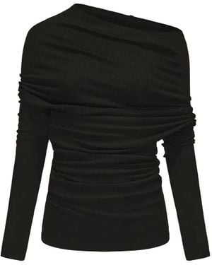 Elwood Asymmetric Draped Off-Shoulder Long-Sleeved T-Shirt - Black