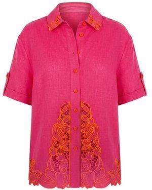 FARM Rio Guipure-Lace-Trim Short-Sleeve Shirt - Pink
