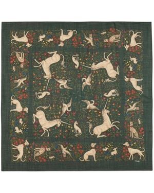 Drake's Unicorn Print Square Scarf - Green