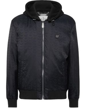 Philipp Plein Logo-Pattern Hooded Bomber Jacket - Black